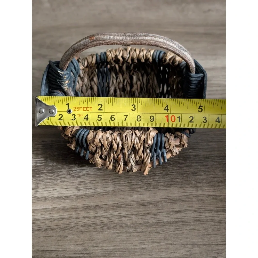 Vintage Miniature Woven Basket Blueish Green & Brown Seagrass Twig Handle Rustic